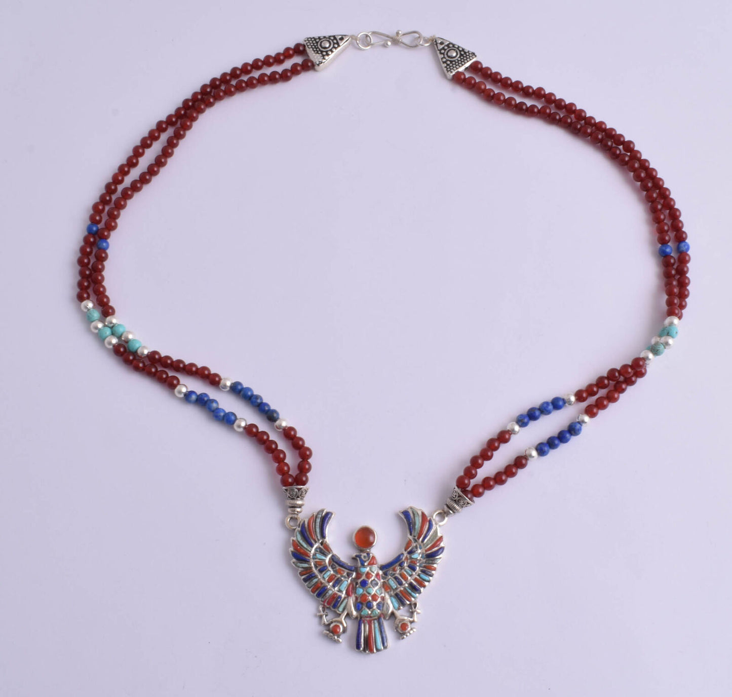 Horus Egyptian Silver Pendant Necklace, Turquoise, red coral , lapis Lazuli