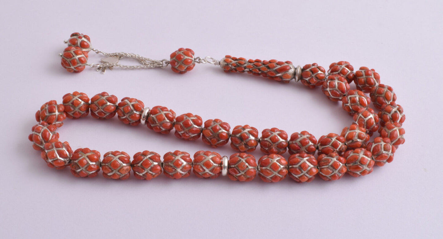 Red Coral & sterling silver Islamic raised inlaid prayer beads,muslim Tasbih