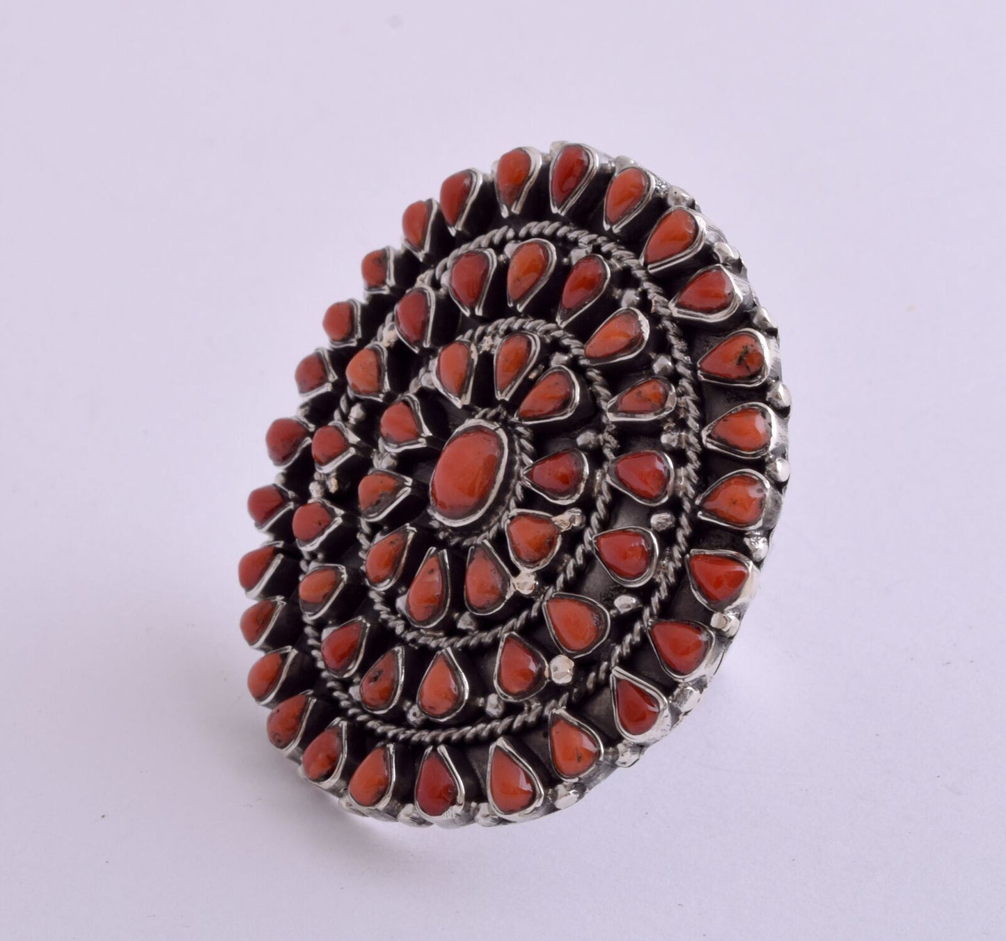 Narturla Italina Red Coral sterling silver Cluster Large Ethnic Ring-40 gram