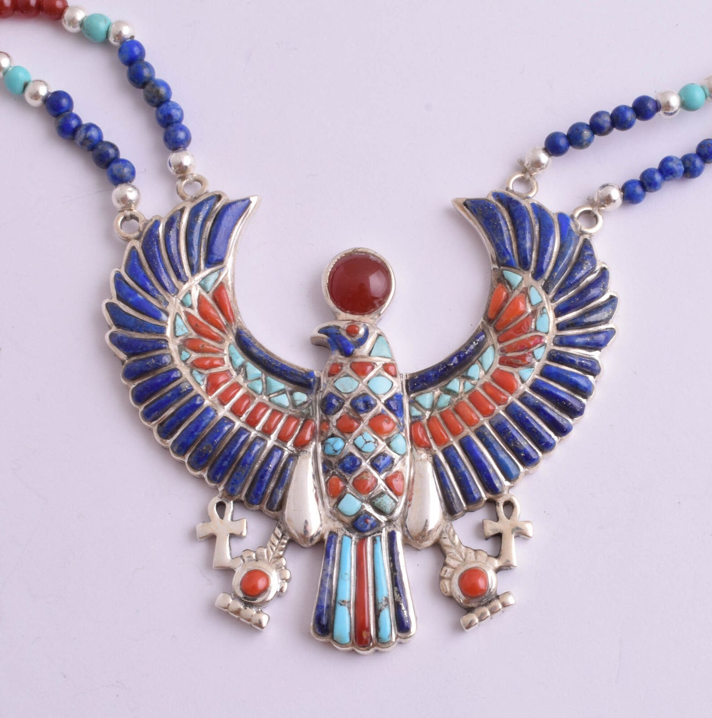 Horus Egyptian Silver Pendant Necklace, Turquoise, red coral , lapis lazuli