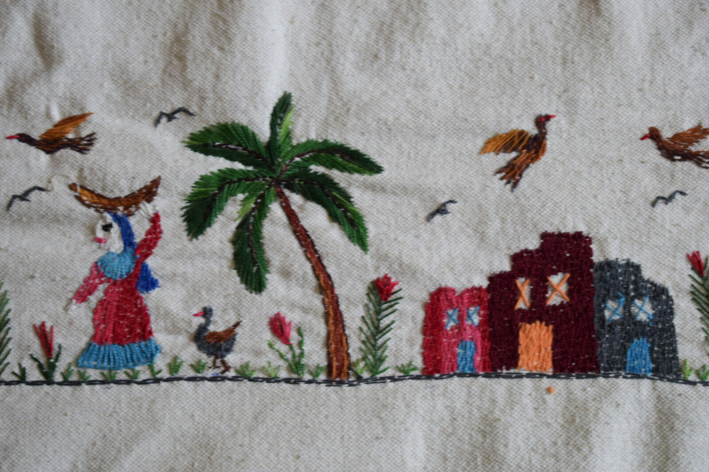 Hand embroidered Egyptian Tablecloth Falalhi Village Bedouin scenes 88"X54"