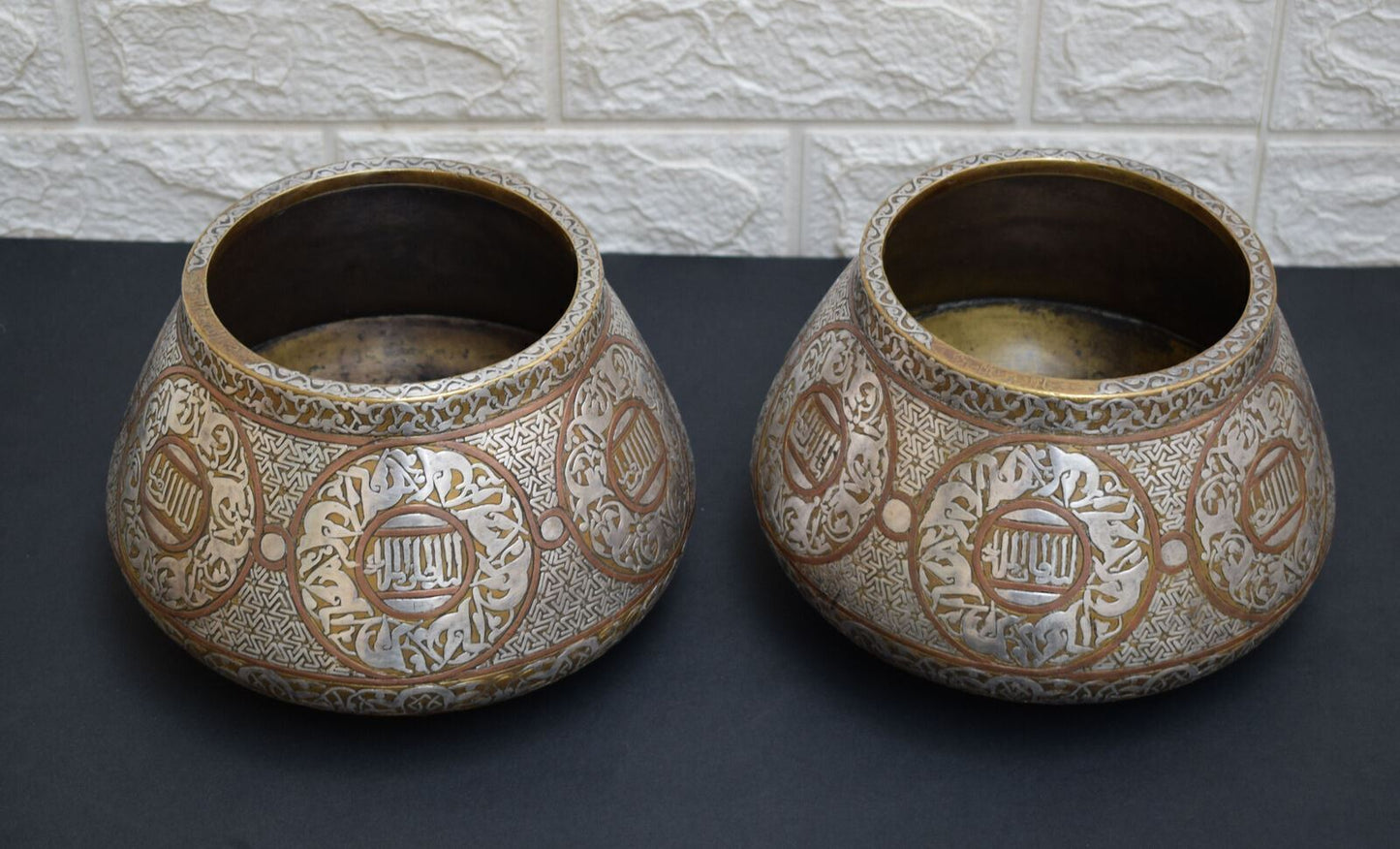 Islamic Mamluk style silver inlaid brass Artwork Bowl-Cairo ware-revival