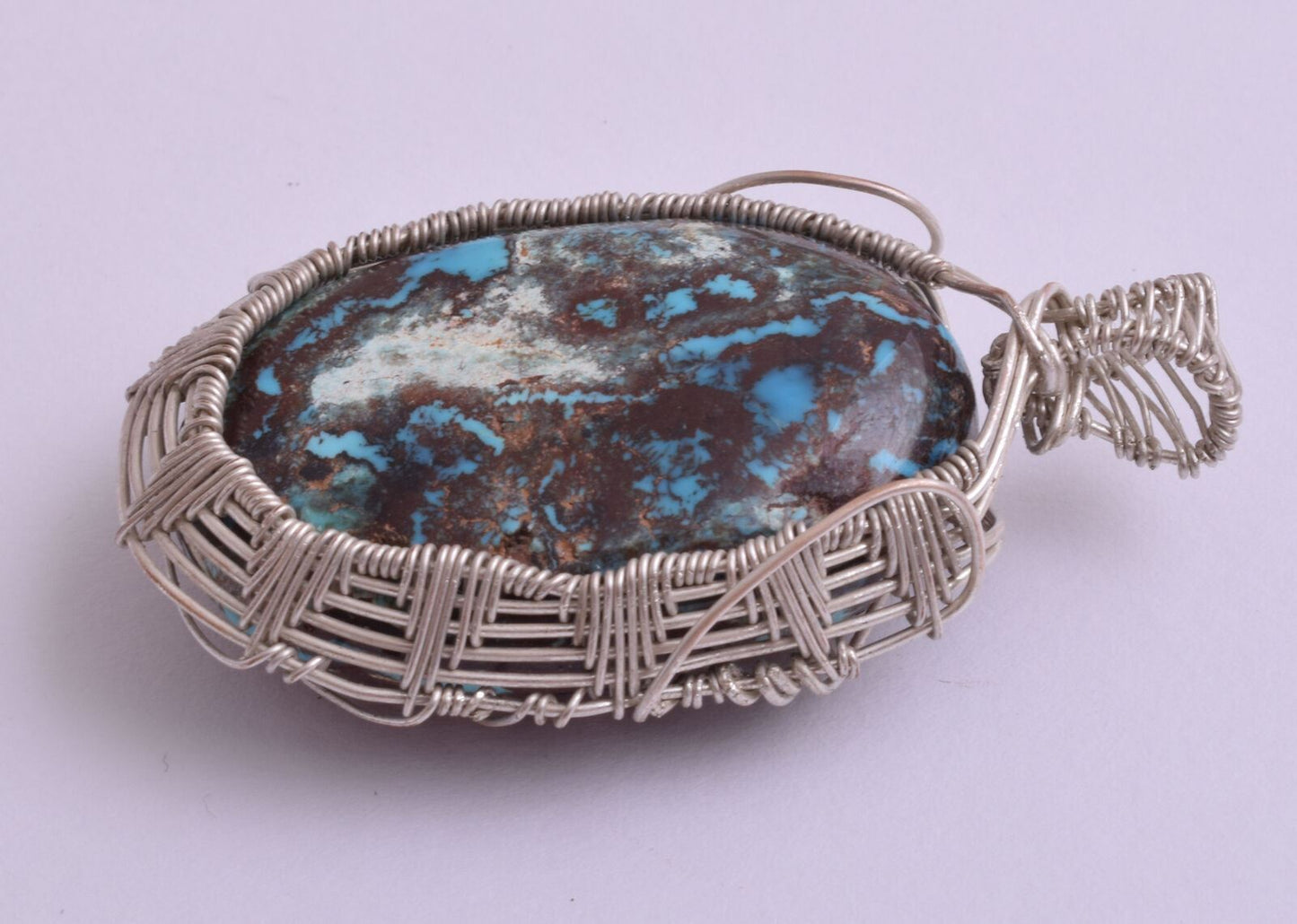 Egyptian Turquoise cabochon Hand Wire Wrapped Silver Pendant-Ethnic Gypsy Boho