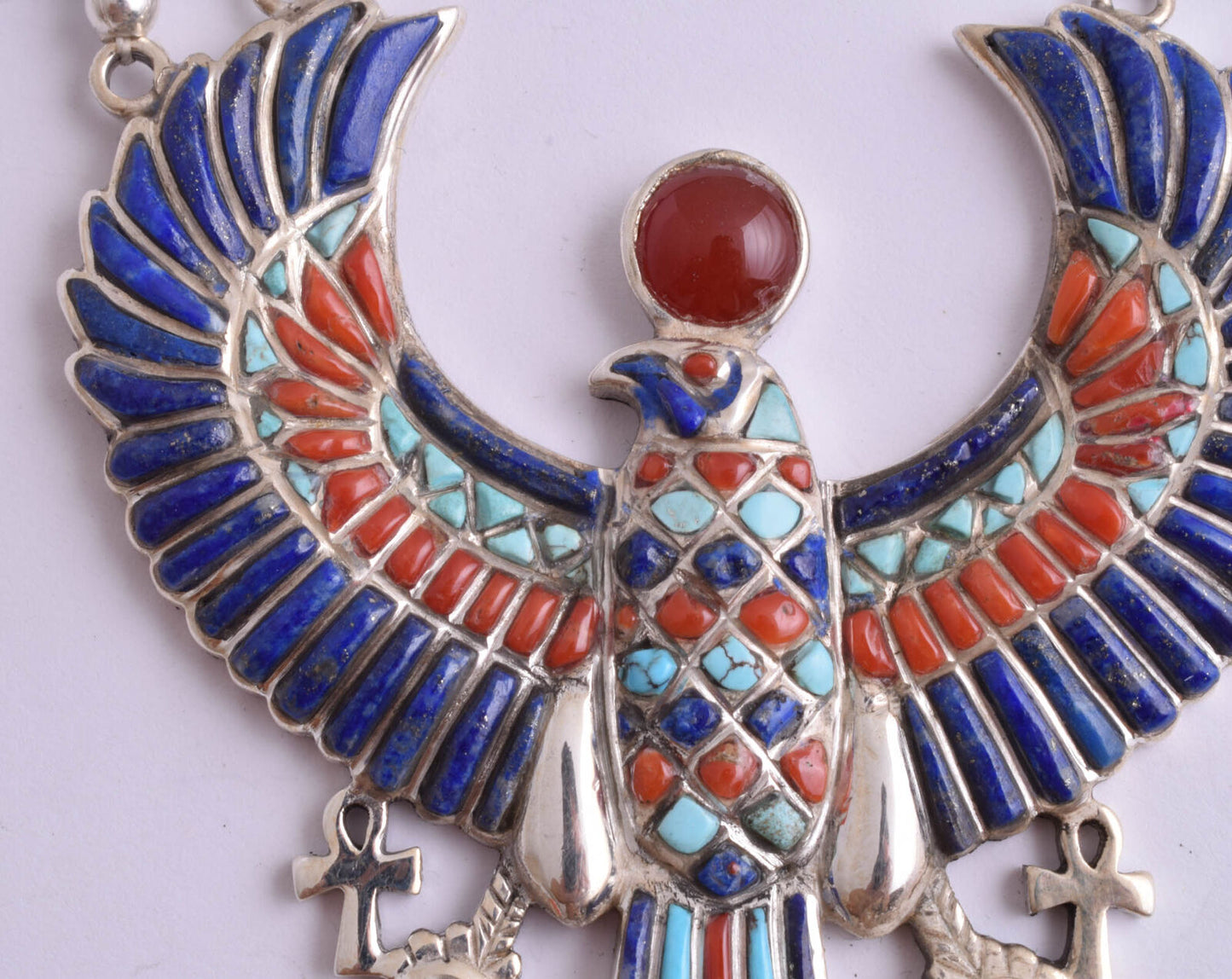 Horus Egyptian Silver Pendant Necklace, Turquoise, red coral , lapis lazuli