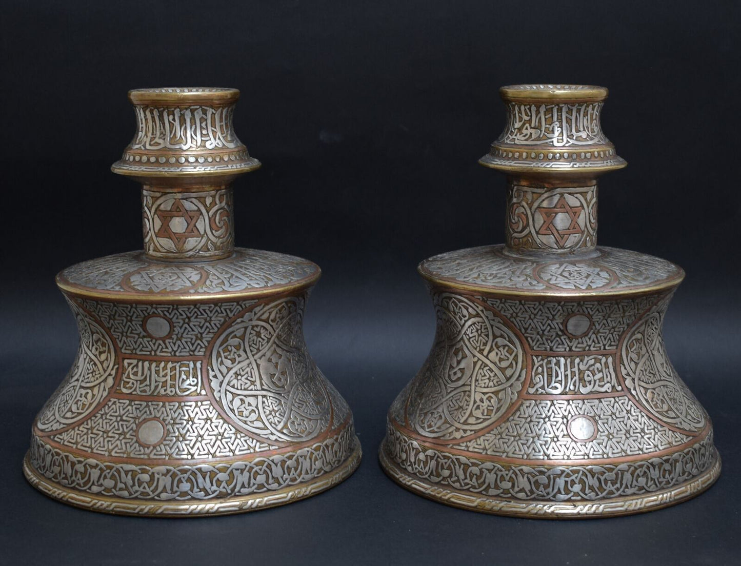 Brass Candle Holders-Islamic-Mamluk-silver inlaid -Candlestick pair-Cairo ware