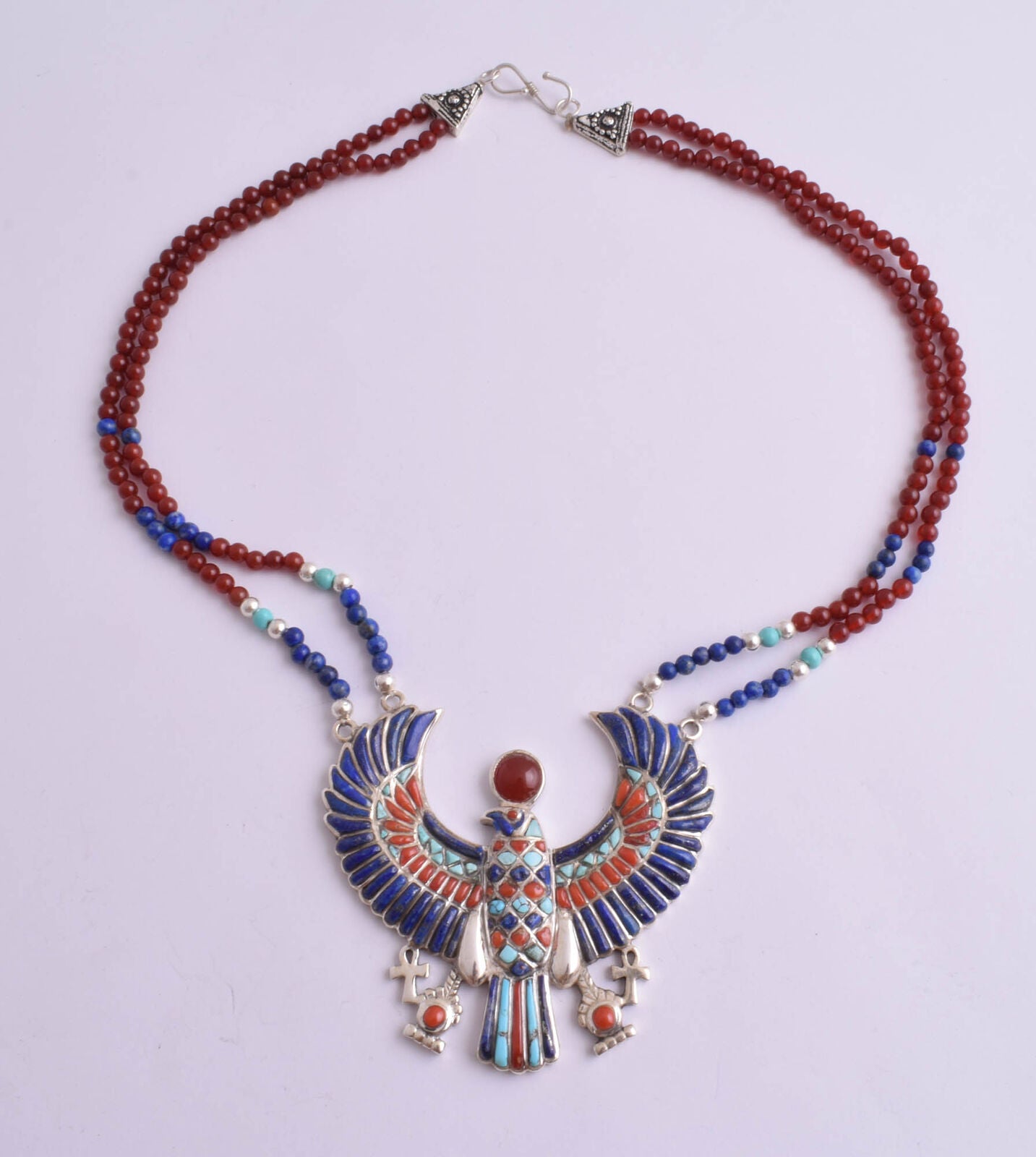 Horus Egyptian Silver Pendant Necklace, Turquoise, red coral , lapis lazuli