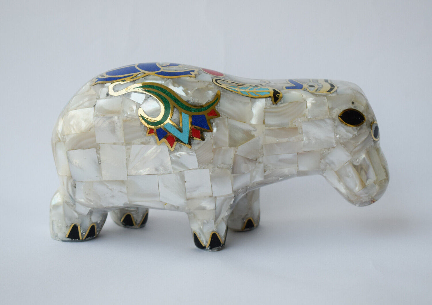 Egyptian Hippo Hippopotami Statue-covered with Mother of Pearl-Decorative- 7.5"