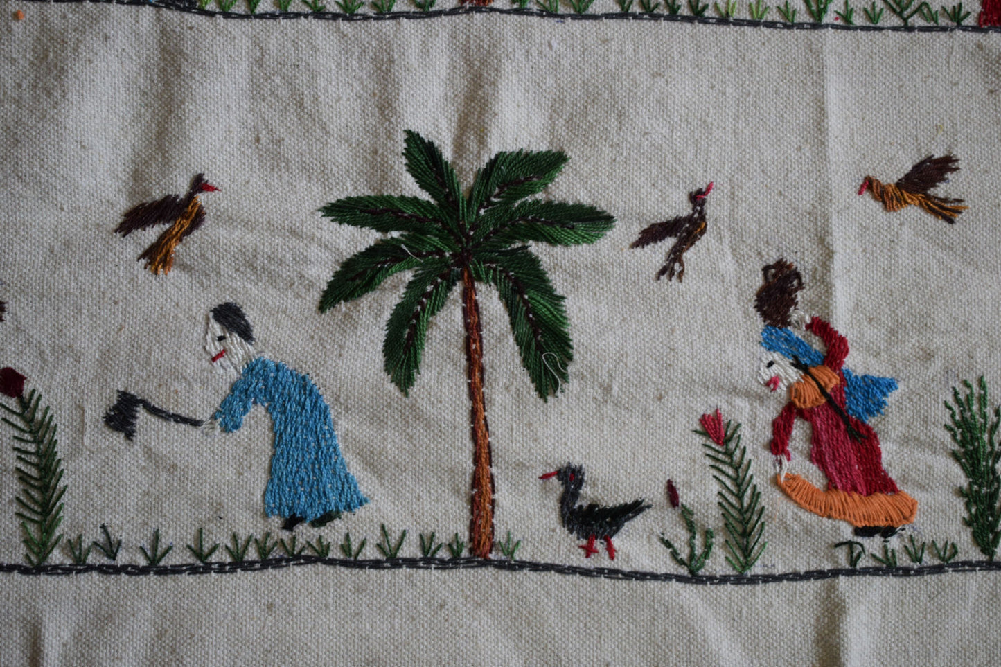 Hand embroidered Egyptian Tablecloth Falalhi Village Bedouin scenes 88"X54"