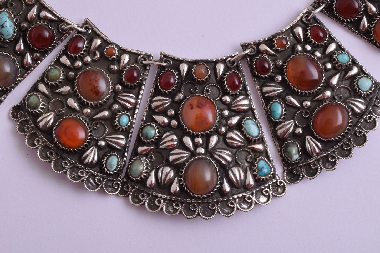 Antique Egyptian Revival Silver Turquoise-Agate Necklace Choker