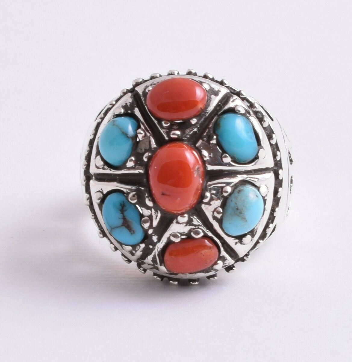 Egyptian Turquoise & Red coral sterling silver Ring-Middle Eastern