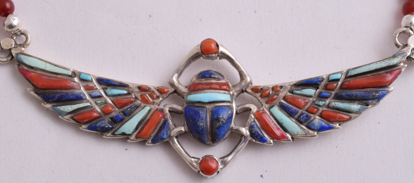 Winged Scarab Necklace-Egyptian Silver Pendant Necklace-Turquoise,Lapis