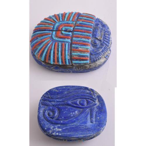 Lapis Lazuli Egyptian scarab,Turquoise, red coral, Horus Eye, 4.1" / 560 gram