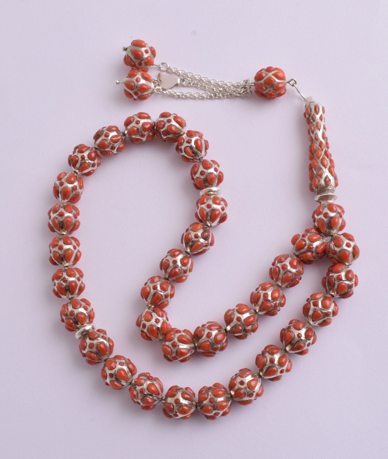 Red Coral & sterling silver Islamic raised inlaid prayer beads,muslim Tasbih