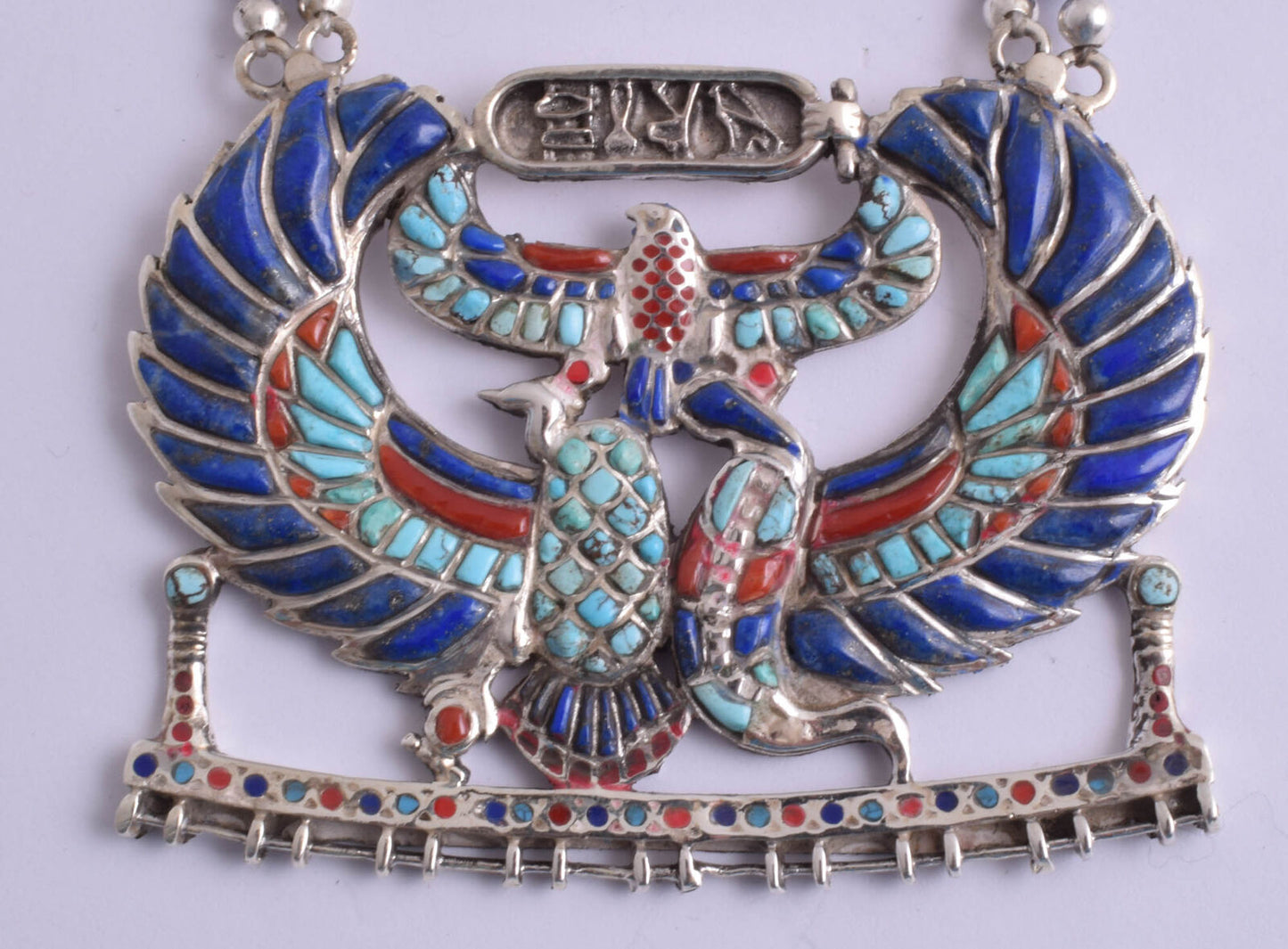 Winged Scarab Egyptian Silver Pendant Necklace, Turquoise, red coral , lapis