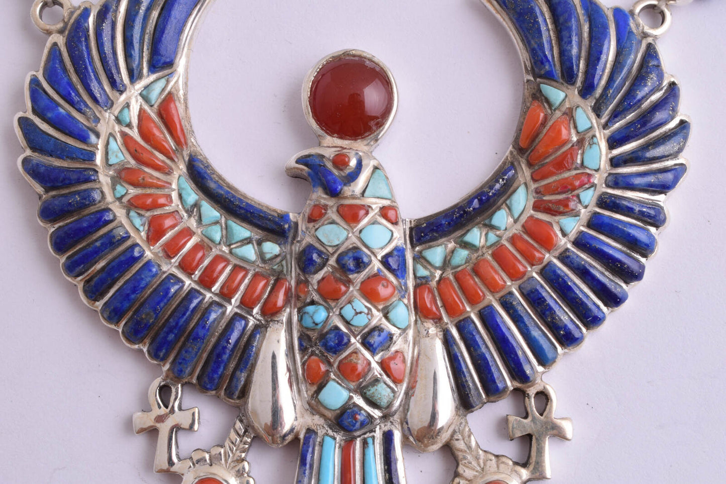 Horus Egyptian Silver Pendant Necklace, Turquoise, red coral , lapis lazuli