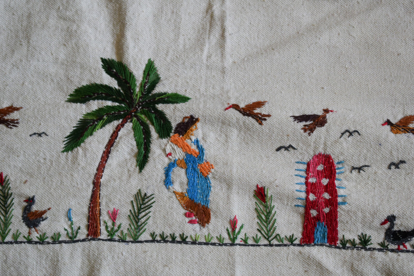 Hand embroidered Egyptian Tablecloth Falalhi Village Bedouin scenes 88"X54"