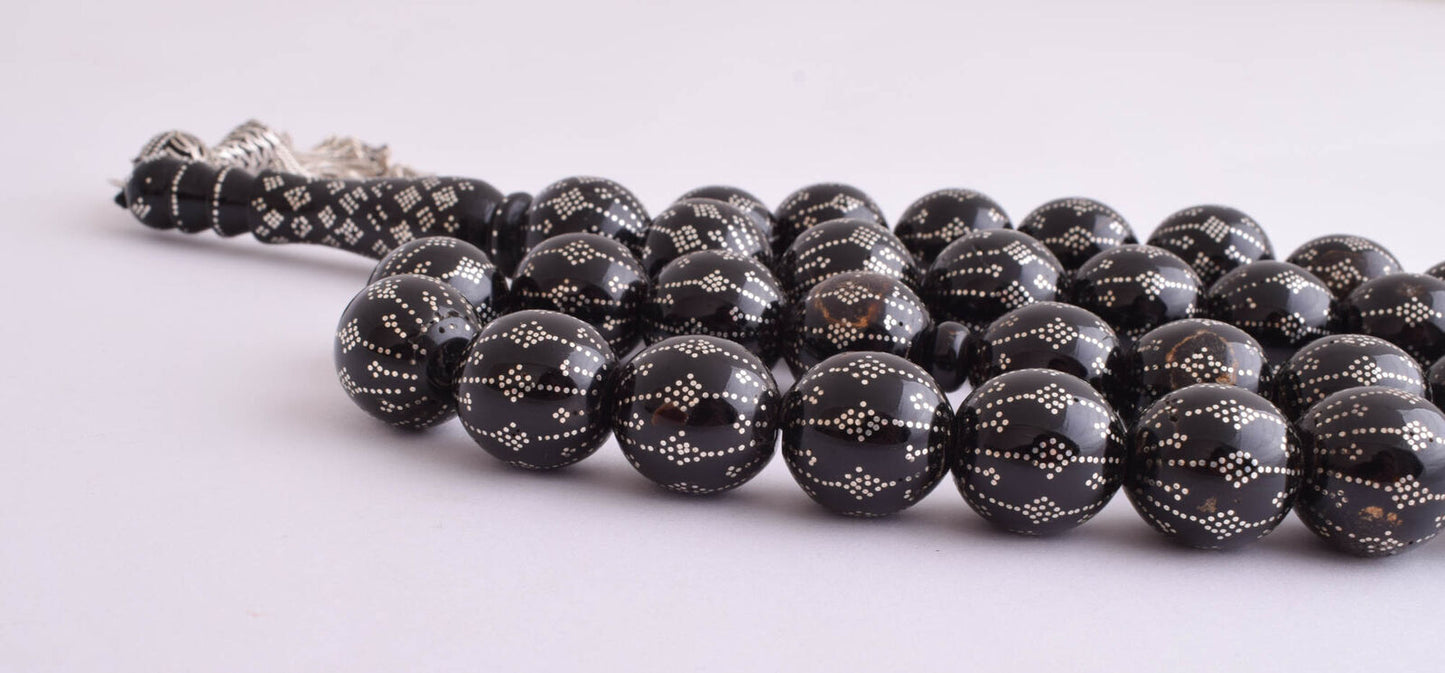 Prayer Beads Islamic Yusr Black coral/ Handmade silver nails-يسر