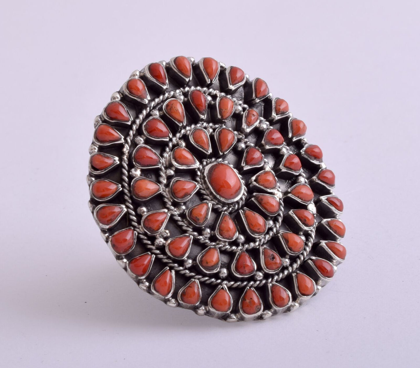 Narturla Italina Red Coral sterling silver Cluster Large Ethnic Ring-40 gram