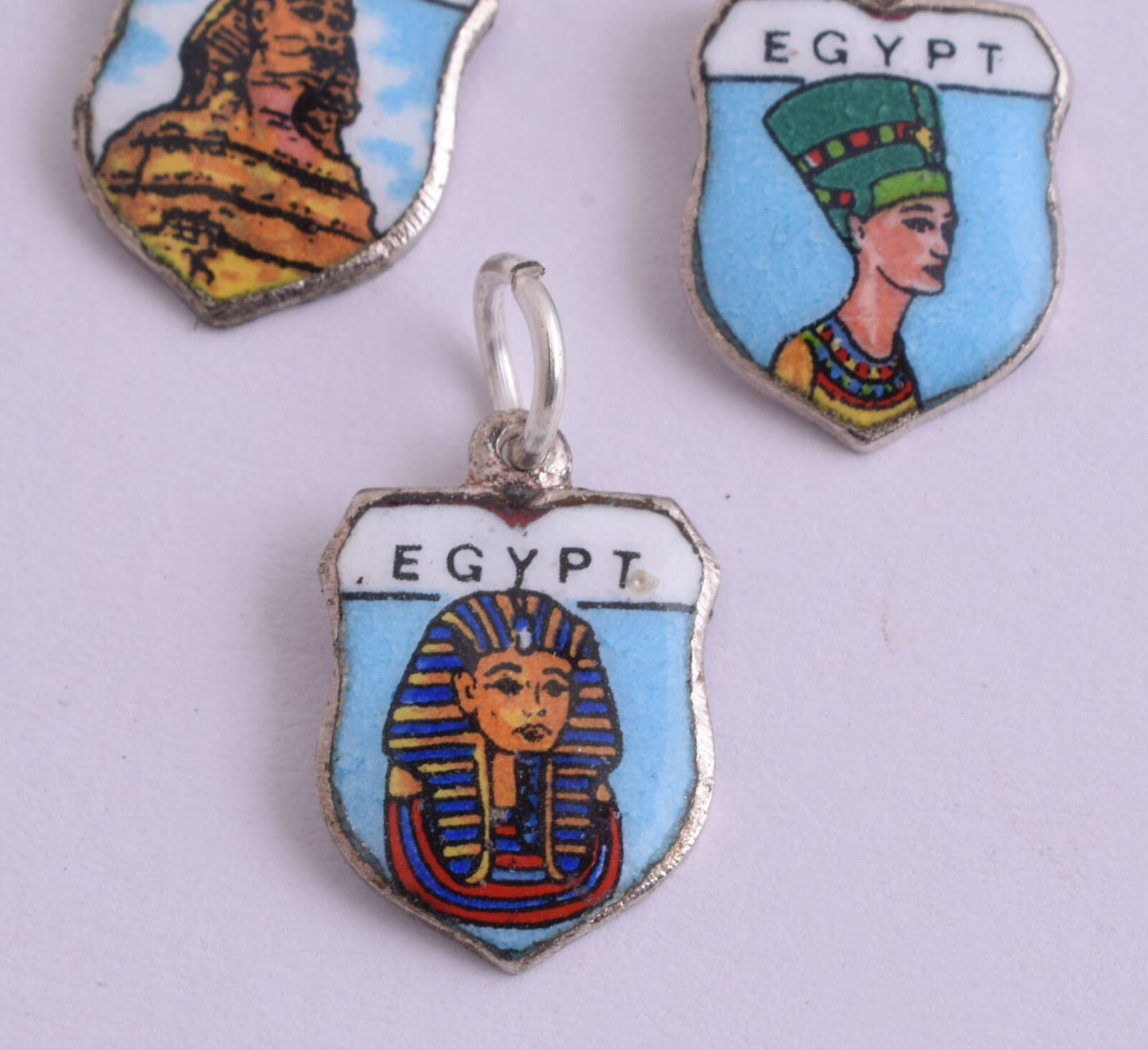 9 Vintage Revival Egyptian Enamel mini Pendants-very rare-Tut-Pyramids-Sphinx