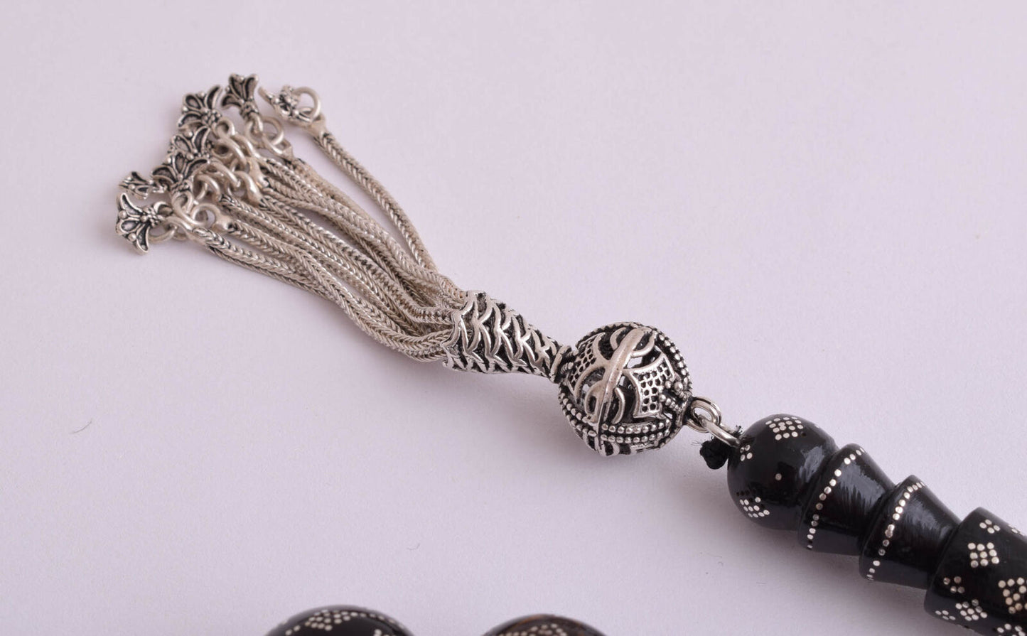 Prayer Beads Islamic Yusr Black coral/ Handmade silver nails-يسر