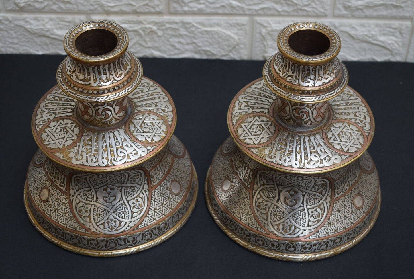 Brass Candle Holders-Islamic-Mamluk-silver inlaid -Candlestick pair-Cairo ware