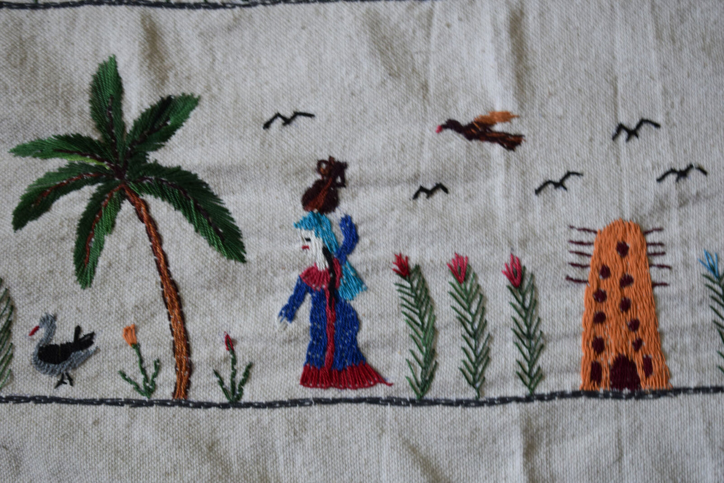 Hand embroidered Egyptian Tablecloth Falalhi Village Bedouin scenes 88"X54"