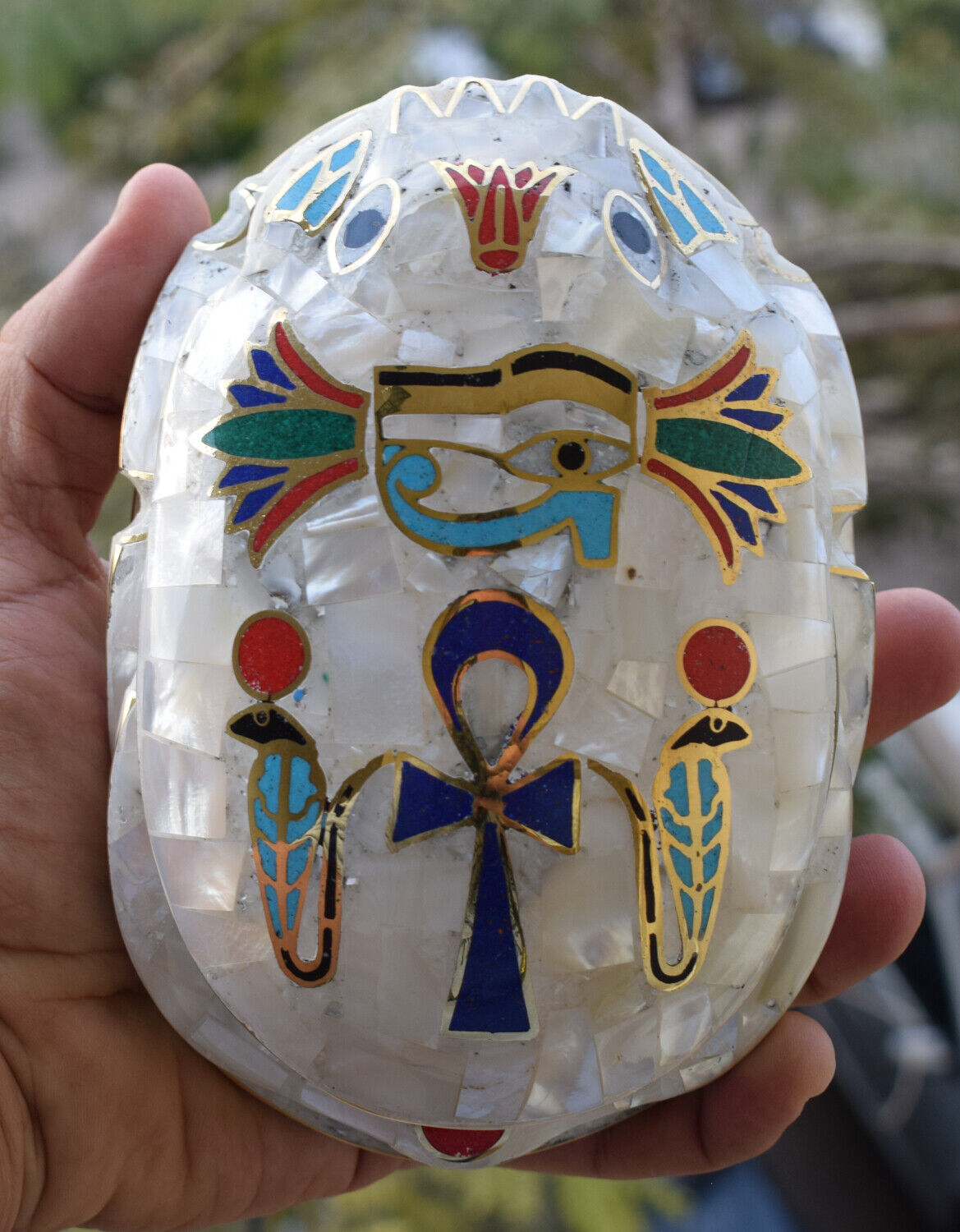 Egyptian large Scarab Beetle Statue-covered with Mother of Pearl-Decorative-6.3"