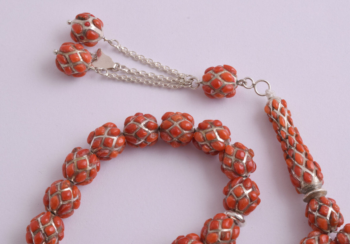 Red Coral & sterling silver Islamic raised inlaid prayer beads,muslim Tasbih