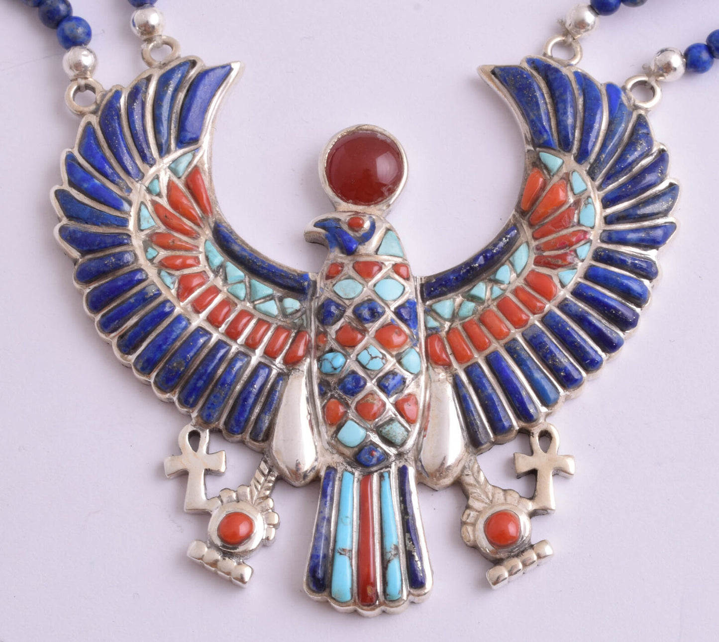 Horus Egyptian Silver Pendant Necklace, Turquoise, red coral , lapis lazuli