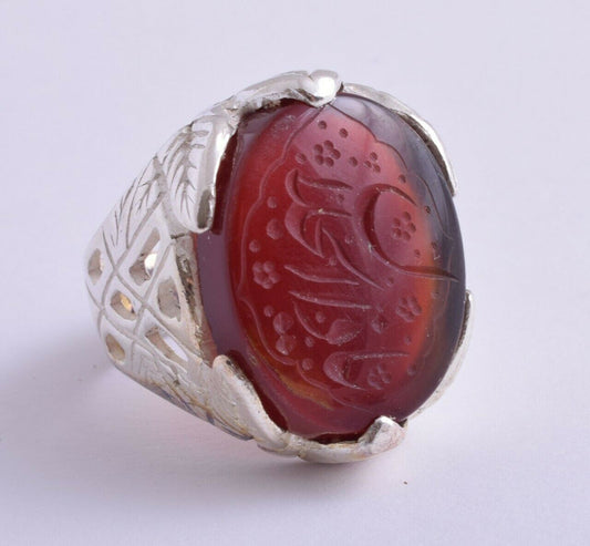 Islamic Silver Yemen agate hand engrave kabdi aqeeq aqiq akik Ring-يا ذا الجلال