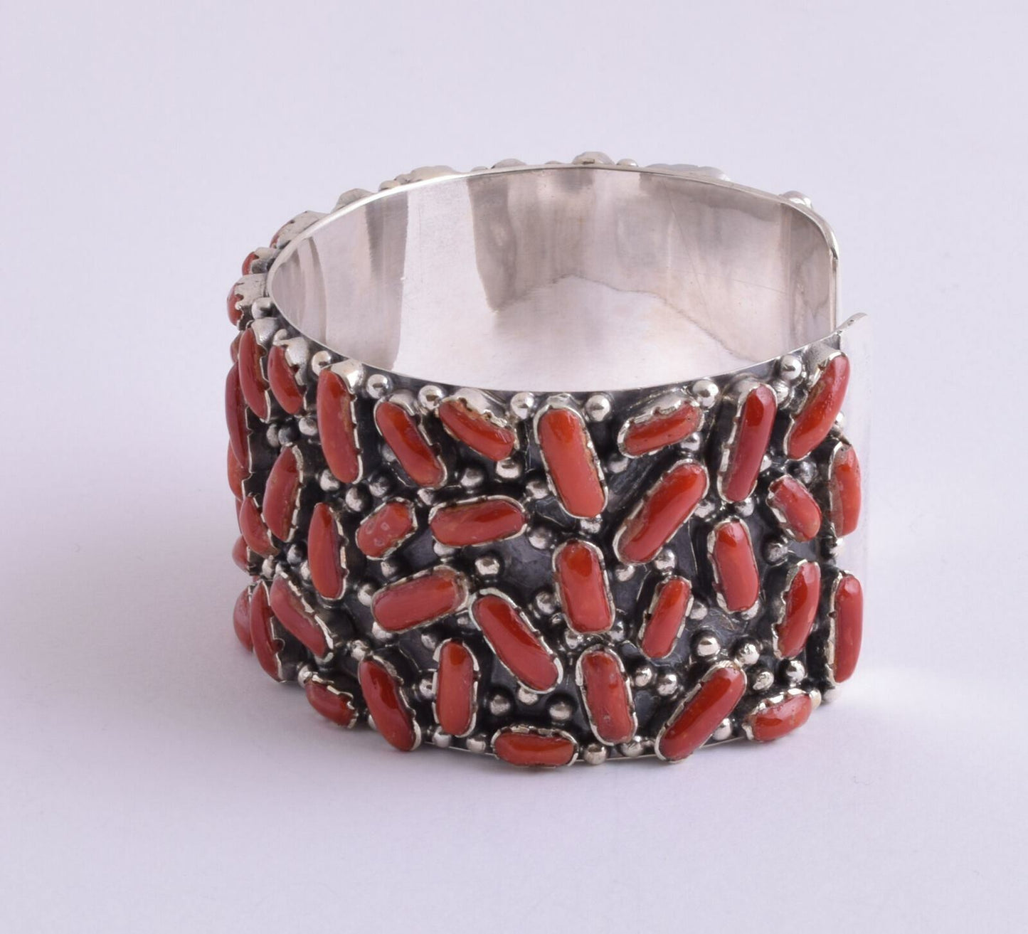 Italian natural red coral-sterling silver Cluster Bracelet-117 gram-Cuff