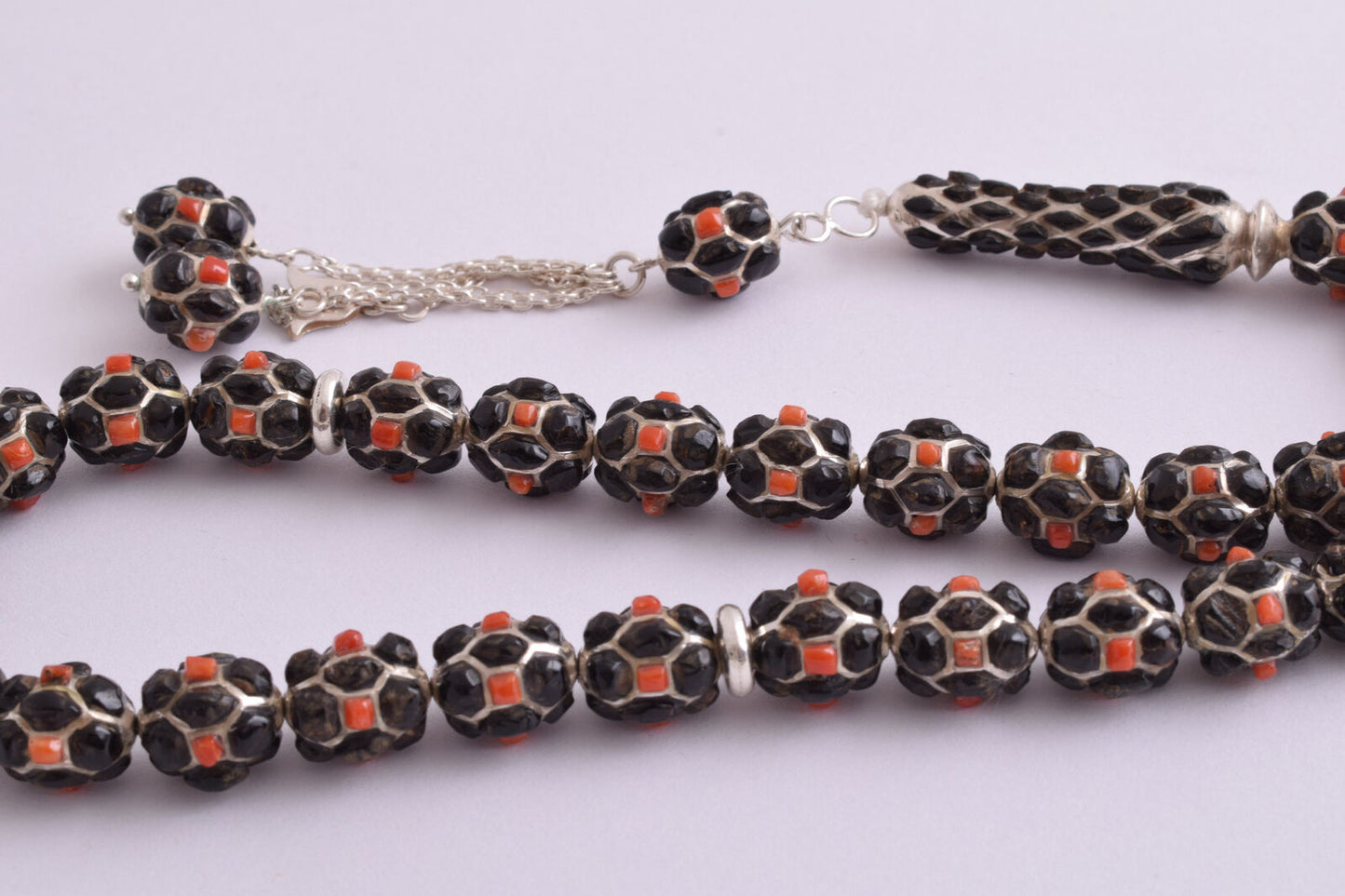 Red & Black Coral & sterling silver Islamic inlaid prayer beads,muslim Tasbih