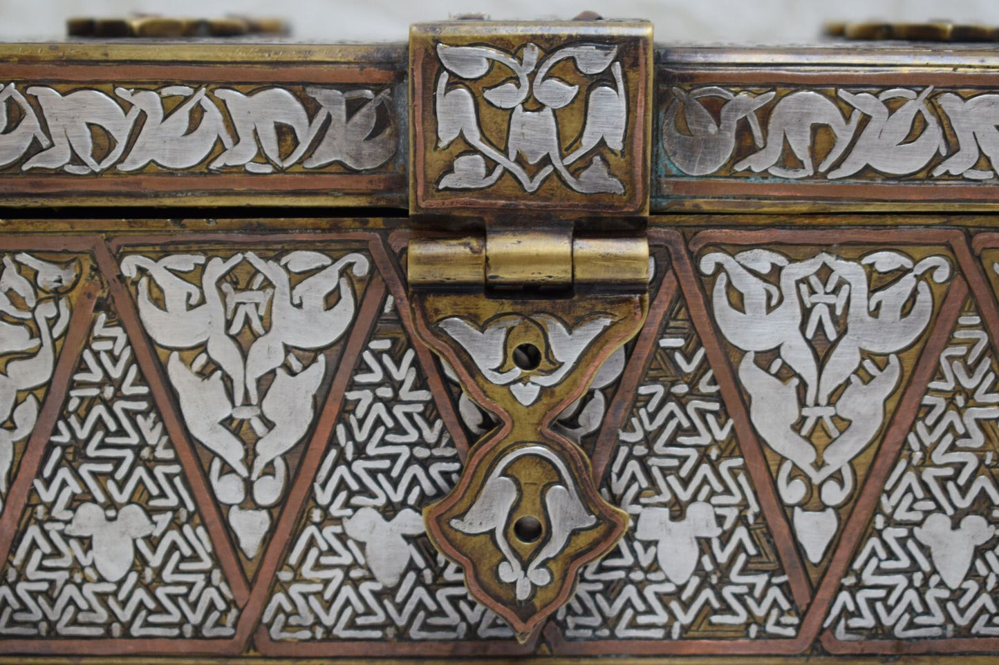 Islamic revival Mamluk style silver inlaid brass Jewelry Box-Cairo ware