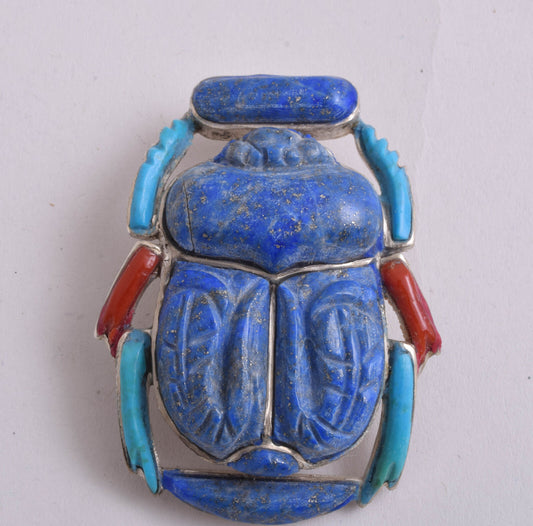 Egyptian scarab Silver Pendant,Revival, Turquoise, red coral , lapis Lazuli