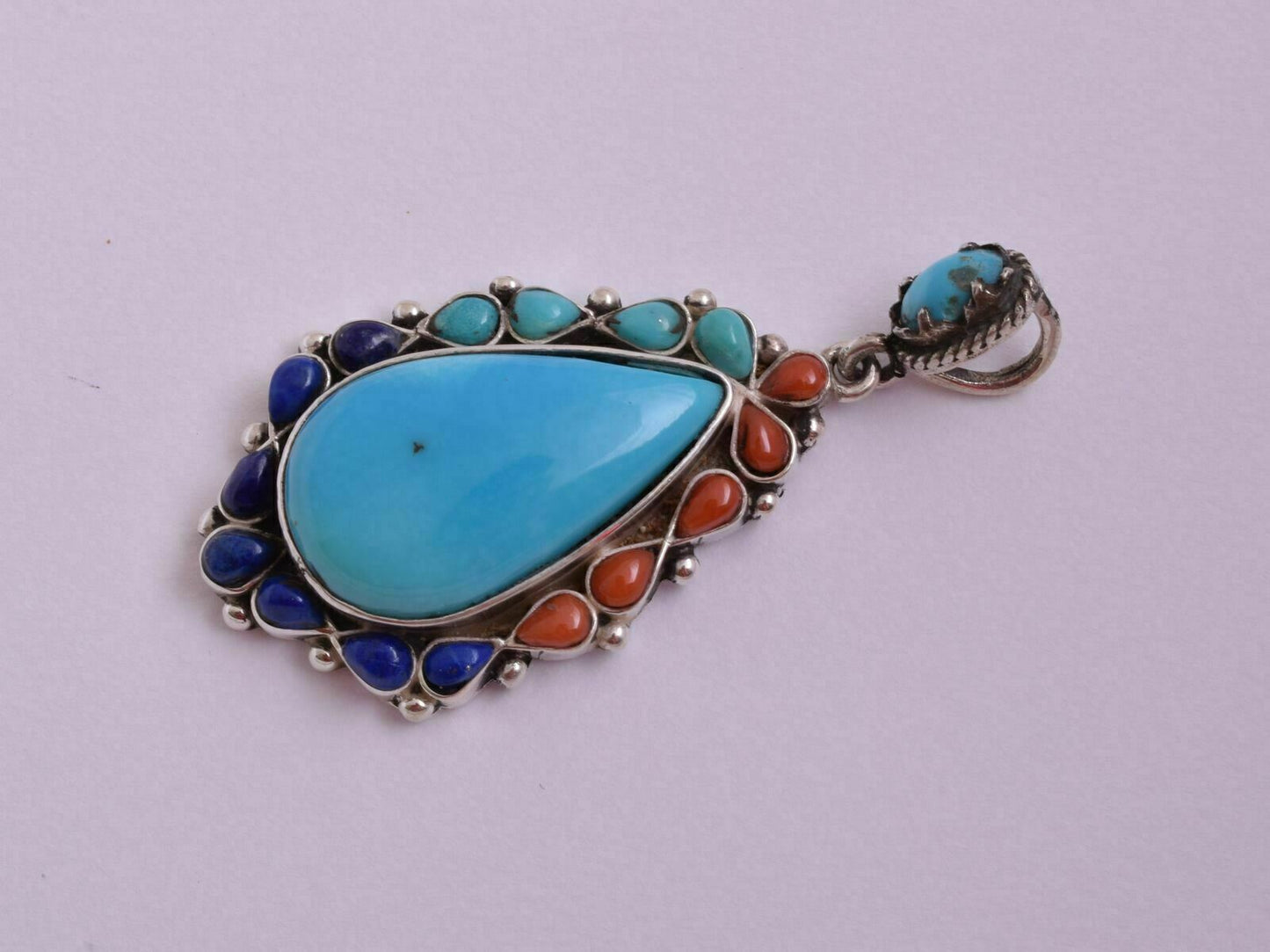 Egyptian Ethnic Gypsy Bedouin Turquoise-Red coral-Lapis Lazuli-silver Pendant