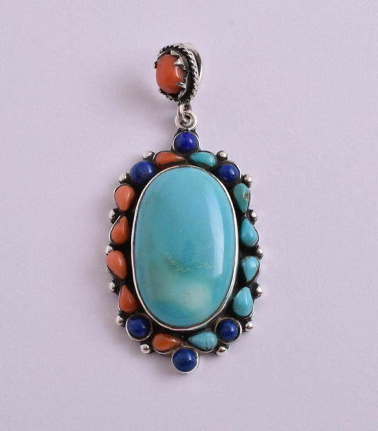 Egyptian Ethnic Gypsy Bedouin Turquoise-Red coral-Lapis Lazuli-silver Pendant