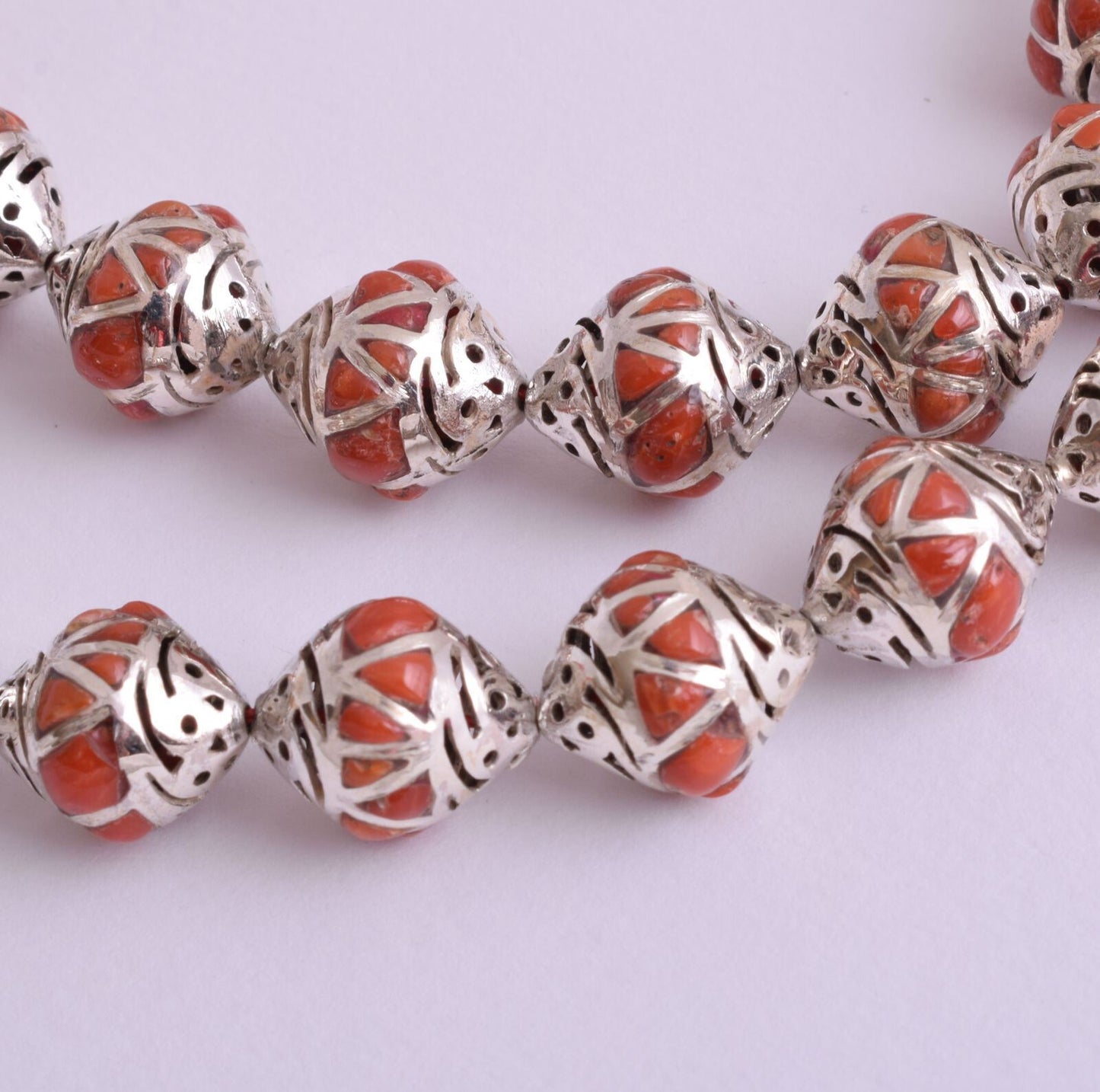 Red Coral & sterling silver Islamic raised inlaid prayer beads,muslim Tasbih