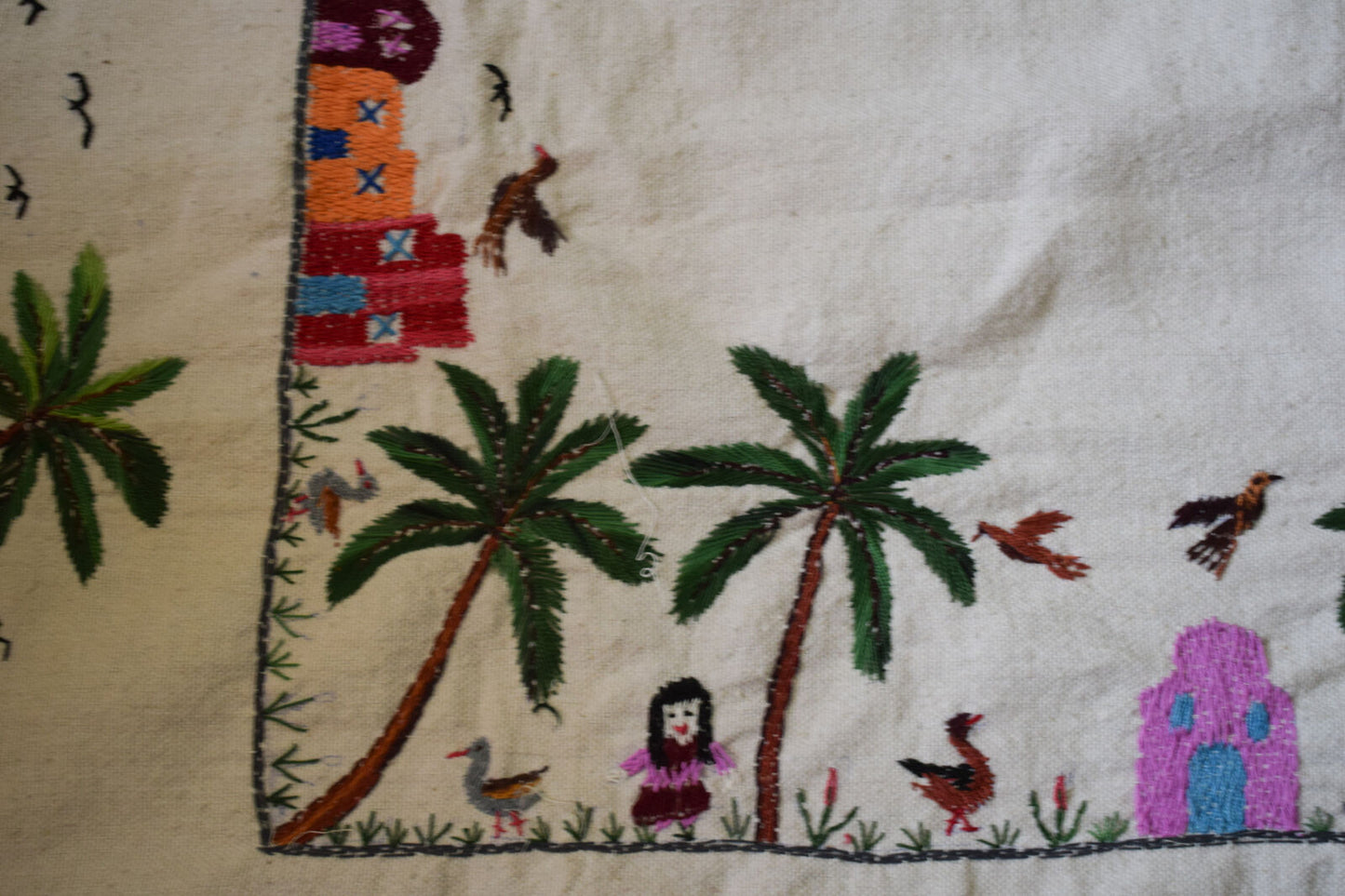 Hand embroidered Egyptian Tablecloth Falalhi Village Bedouin scenes 88"X54"