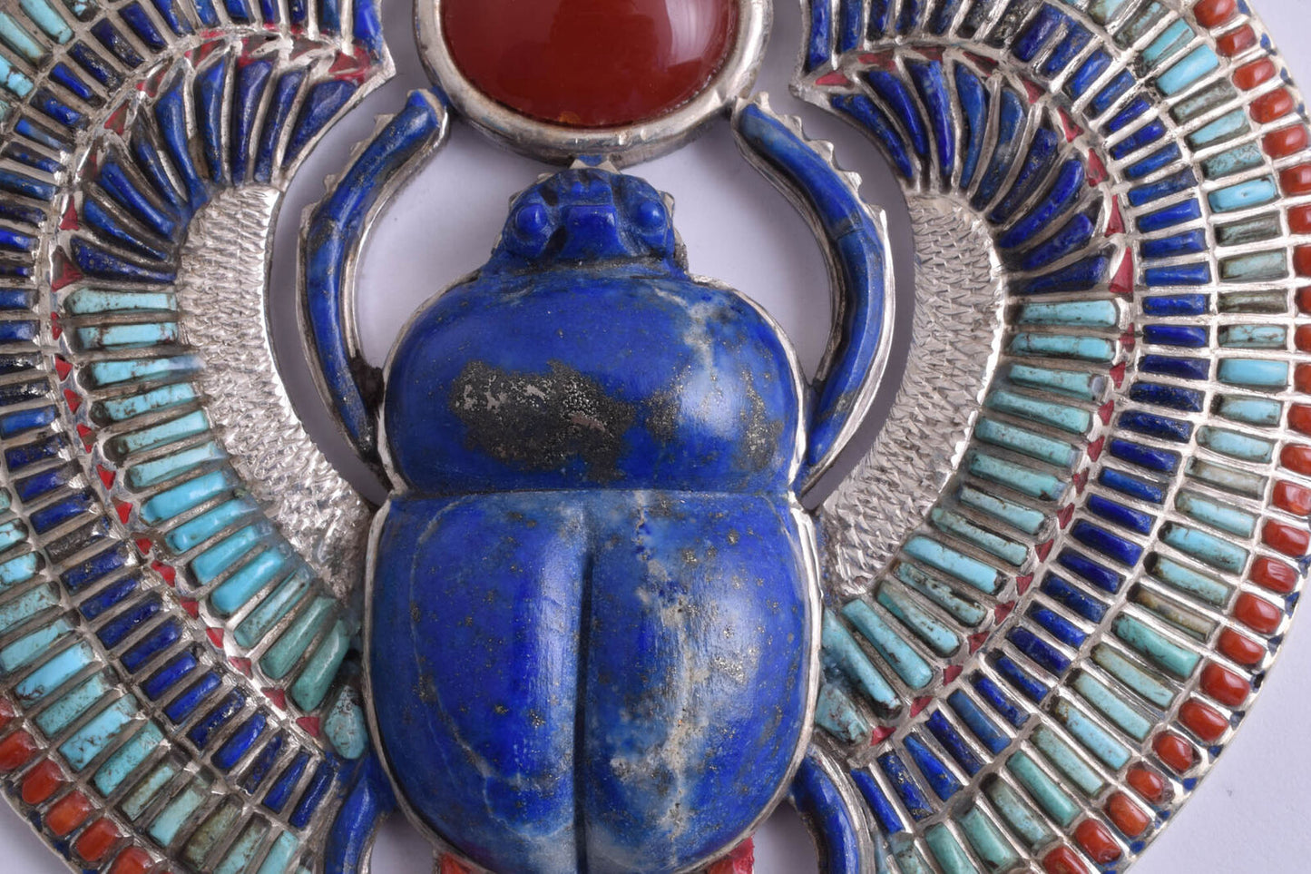 Egyptian Silver Pendant Necklace, scarab,Pharaoh, Turquoise, red coral , lapis