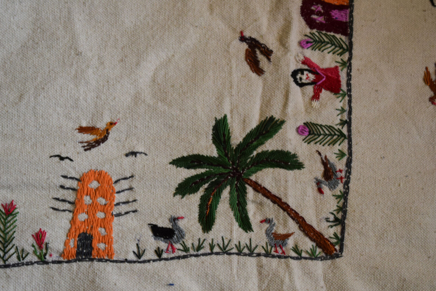 Hand embroidered Egyptian Tablecloth Falalhi Village Bedouin scenes 88"X54"