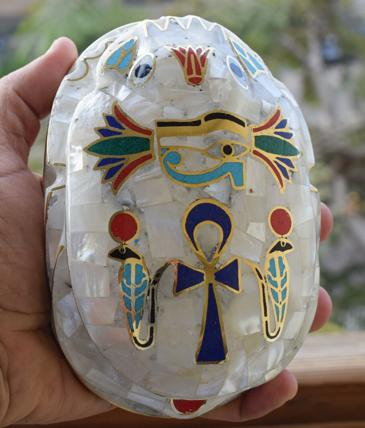 Egyptian large Scarab Beetle Statue-covered with Mother of Pearl-Decorative-6.3"