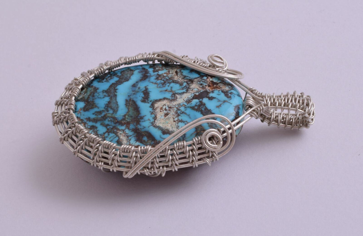 Egyptian Turquoise cabochon Hand Wire Wrapped Silver Pendant-Ethnic Gypsy Boho