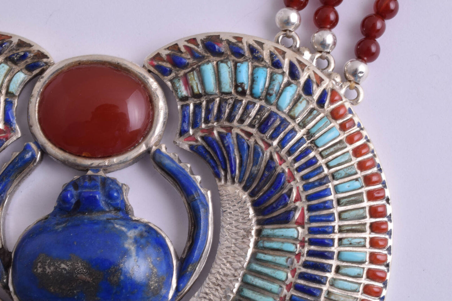 Egyptian Silver Pendant Necklace, scarab,Pharaoh, Turquoise, red coral , lapis