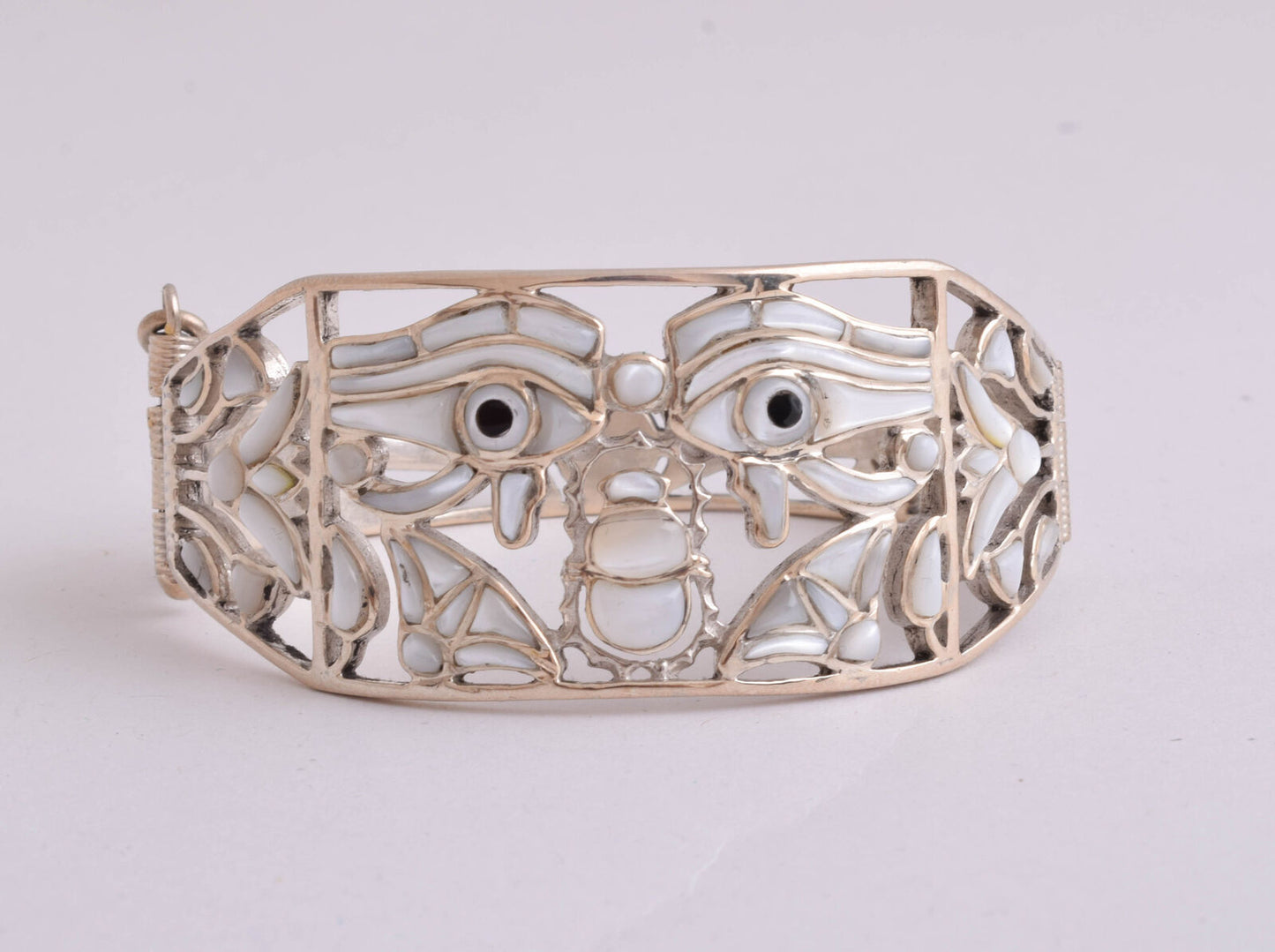 Eye of Horus Egyptian sterling Silver Cuff Bracelet, mother of pearl inlays