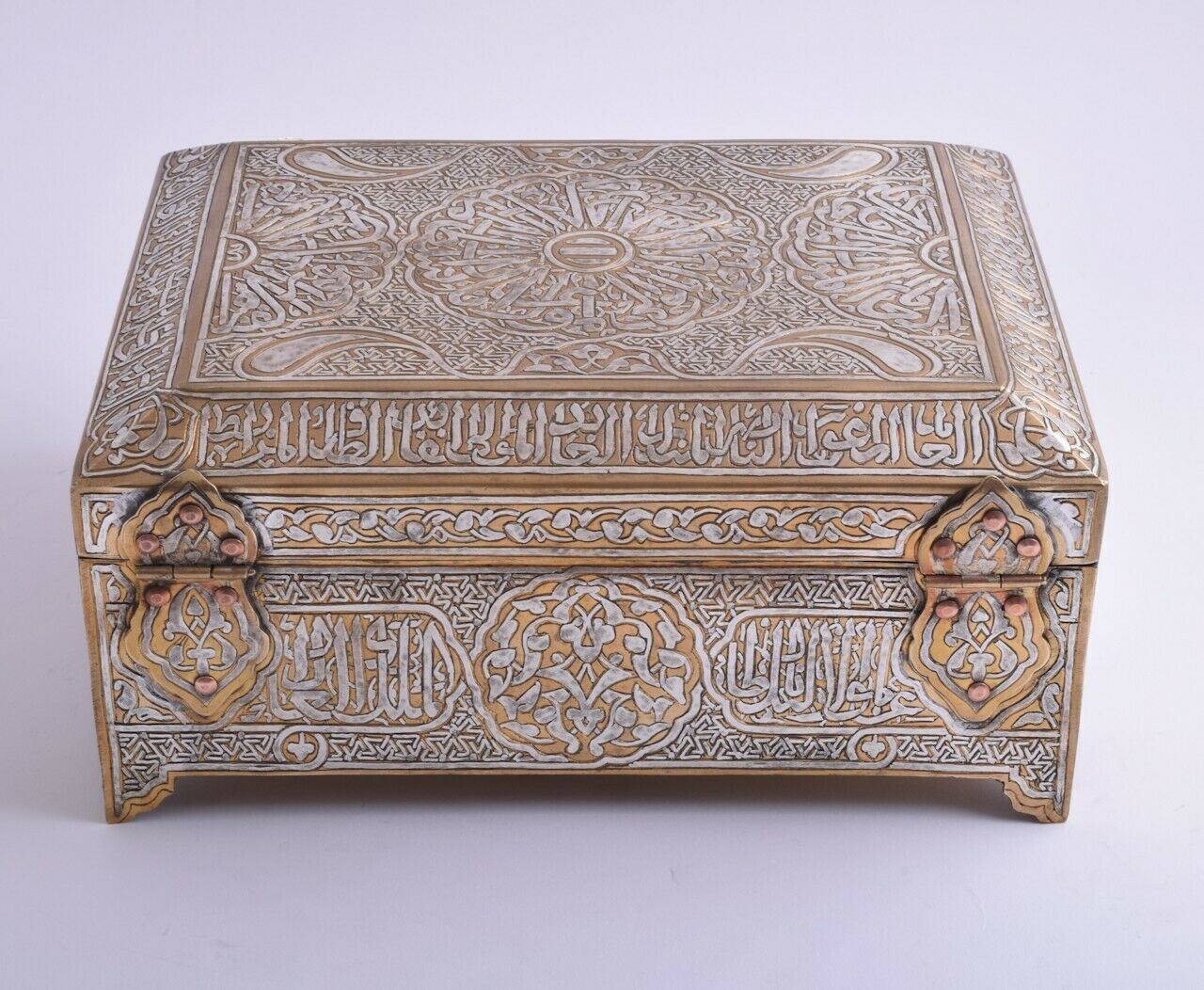 Islamic revival-Mamluk silver inlaid Jewelry - Quran Koran brass Box-Cairo ware