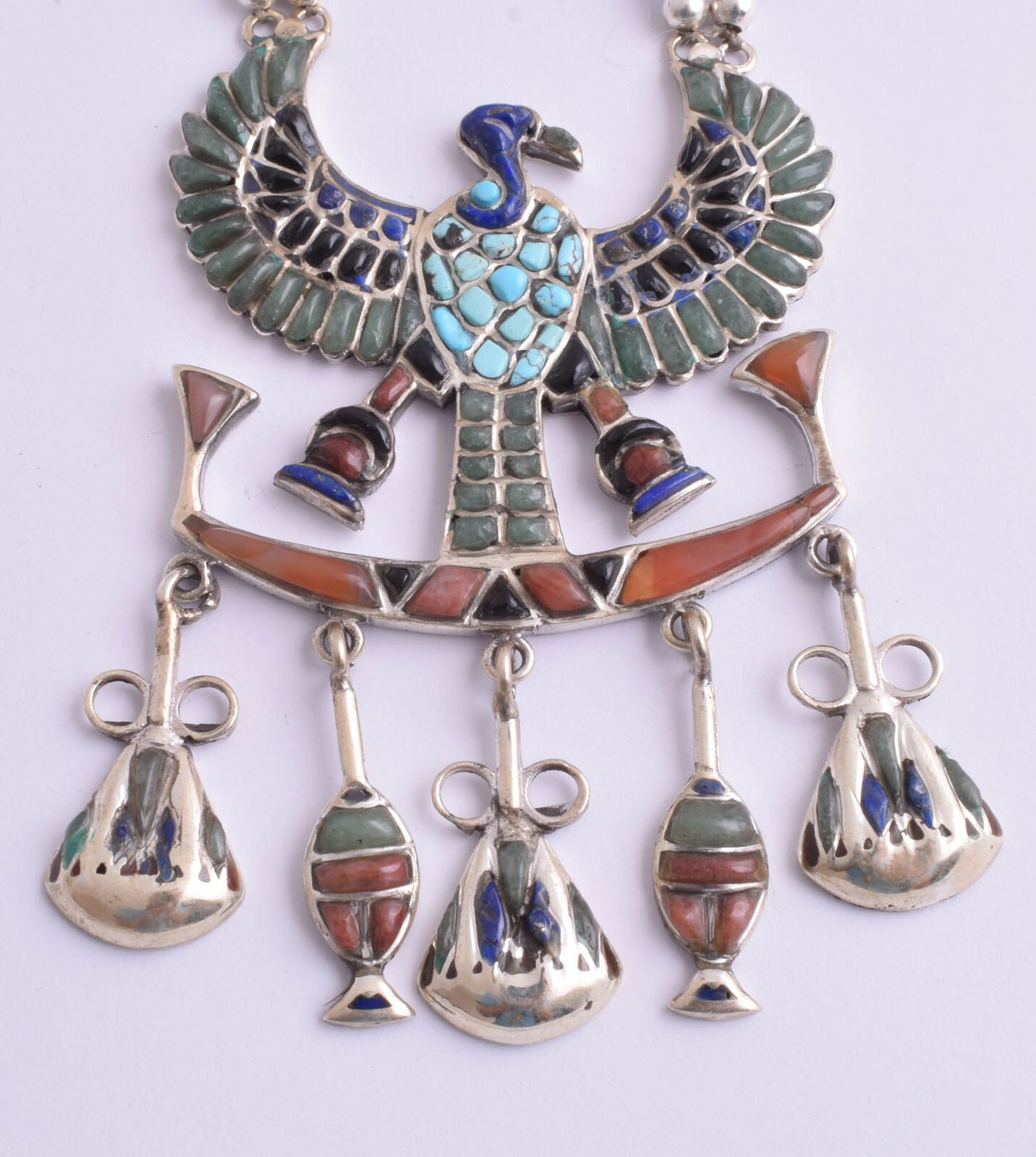 Egyptian Silver Pendant Necklace,Revival,Pharaoh, Turquoise, red coral , lapis