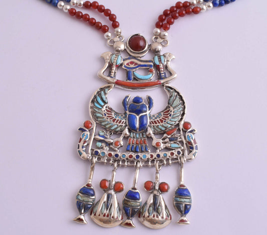 King Tut-Tutankhamun Egyptian Silver Pendant Necklace, Winged Scarab Pendant