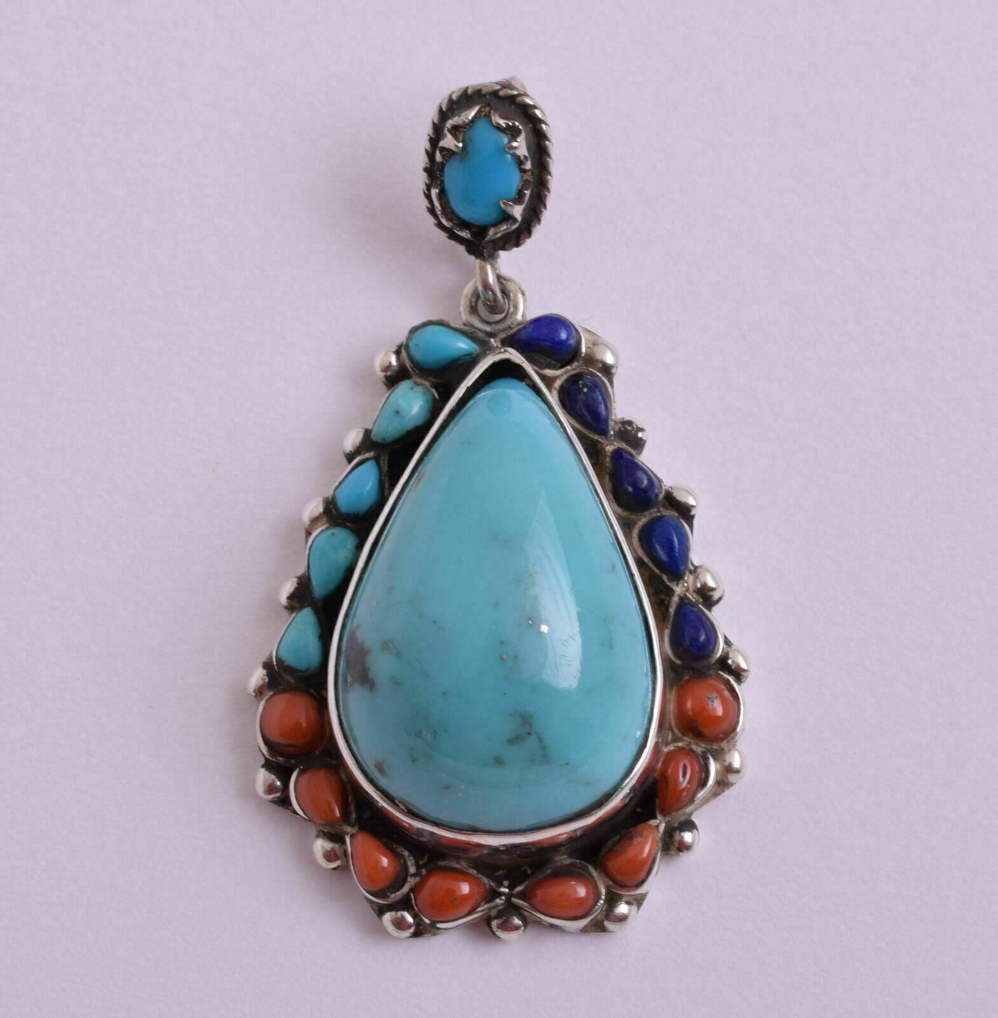 Egyptian Ethnic Gypsy Bedouin Turquoise-Red coral-Lapis Lazuli-silver Pendant