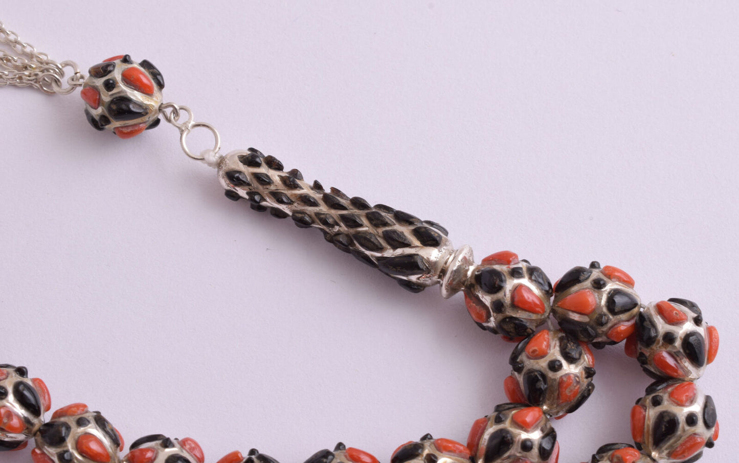 Red & Black Coral & sterling silver Islamic inlaid prayer beads,muslim Tasbih