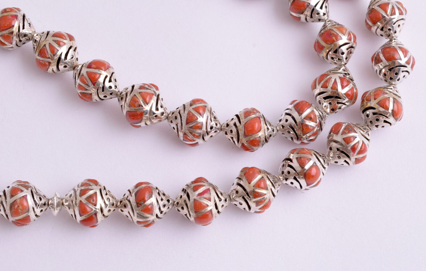 Red Coral & sterling silver Islamic raised inlaid prayer beads,muslim Tasbih